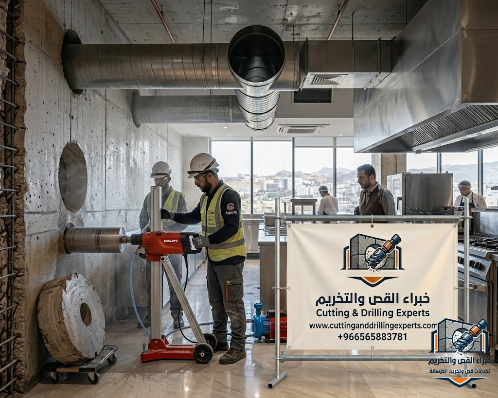 فتح كور مداخن بالطائف باستخدام أجهزة الكور الماسي لتنفيذ فتحات المداخن والشفاطات وأنظمة سحب الدخان بدقة عالية وبدون تكسير